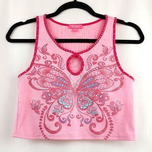 Dollskill ♡ Sugar Thrillz ♡ Pink Sparkly Bling Butterfly Keyhole Cropped Tank